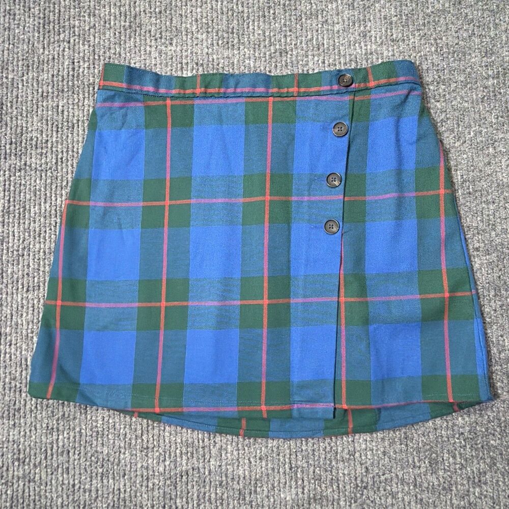 SO Goods for Life Size 13 Blue Green Plaid Buttoned Faux Wrap Mini Skirt NEW